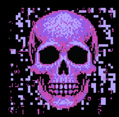 Aufkleber - Violet skull on a glitchy pixelated background. The concept of cybersecurity and malware.