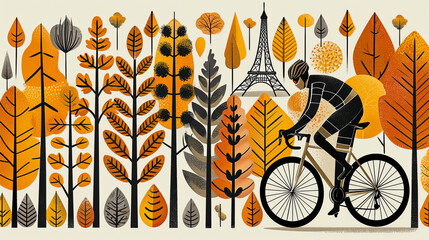 Canvas Print - simple line art minimalist collage illustration with professional cyclist on a mountain bike and Eiffel Tower in the background