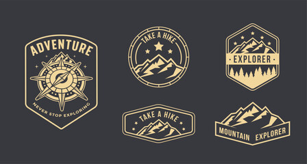 set of outdoor mountain adventure travel badge patch logo, hiking logo, hiker patch