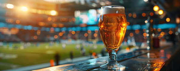 Glass of fresh cold beer on football stadium. Watch match with friends. Game and drink. World championship cup. Super Bowl. Sport and leisure concept. Banner with copy space