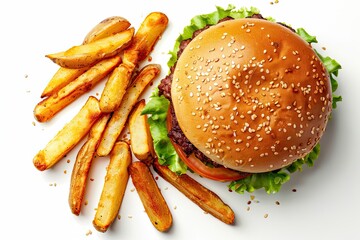 Wall Mural - burger and fried potatoes isolated on white background top view