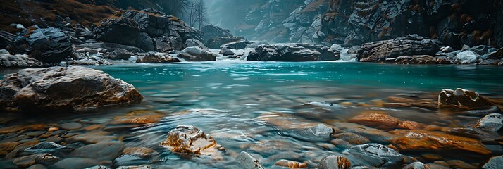 Wall Mural - Mountain bubbling river close-up on the shore of a cold mountain lake of stunning turquoise color stones realistic nature and landscape