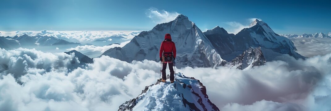 Mountain Expedition Mountaineering Trekking Everest Epic Aerial Of Successful Climber Heading Toward Success Hiking Up To Mountain Top Swiss Alps Vacation Healthy Lifestyle Happiness Achievement