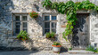 View of a country house at a fruit farm,Buildings in the historic hill village of Oprtalj,Defocused background with historical buildings , Intentionally blurred post production 
