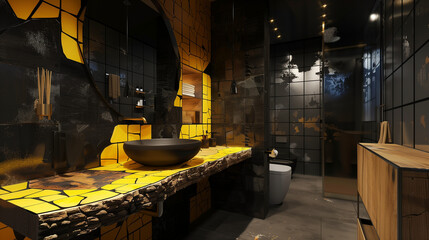 Wall Mural - Modern bathroom with black and yellow tiles, wooden countertops in kintsugi post-apocalypse style, featuring unique wall patterns.
