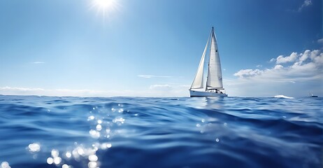  A sailboat on the open sea with a clear blue sky and sunlight in the background. white boat on blue sea 