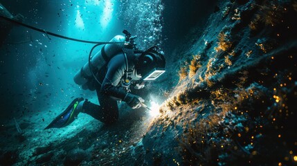 Wall Mural - Underwater welders working at Sparks turn on lights on the seabed to repair submerged structures. Underwater welding by professional divers