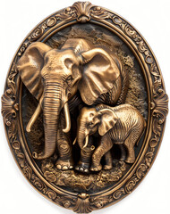 Wall Mural - Mother and Baby Elephant Medallion - 3D Bronze Bas Relief Isolated on White Background