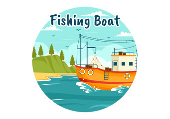 Wall Mural - Fishing Boat Vector Illustration with Fishermen Hunting Fish Using Ship at Sea in Flat Cartoon Background Design