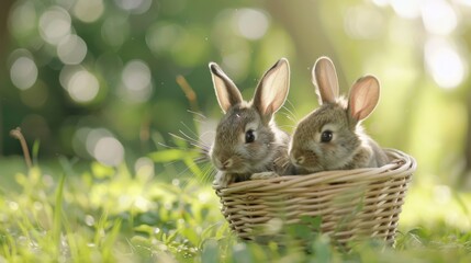 Two little rabbits sitting in the basket in summer