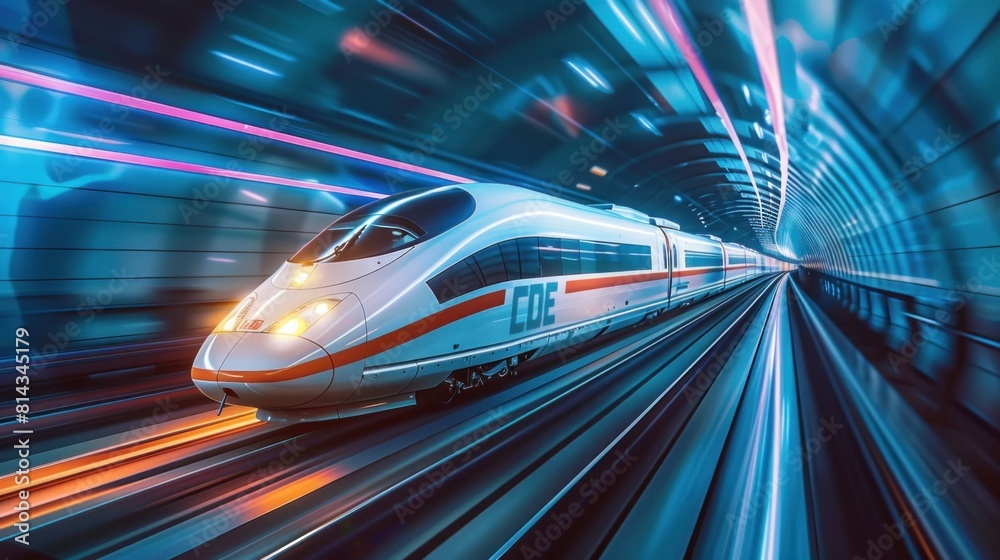 Futuristic high-speed train moving through a digitally enhanced tunnel ...