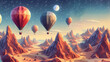low-poly vector style illustration of hot air balloons flying over semi desert and rocky landscape