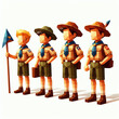 low-poly vector style illustration of boyscout kids on summer camp, on white background