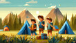 low-poly vector style illustration of boyscout kids on summer camp