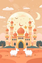 Wall Mural - Eid Al Adha Banner Design Vector Illustration. Islamic and Arabic Background for Muslim Community Festival. Moslem Holiday. 3D Modern Islamic  suitable for Ramadan, Raya Hari, Eid al Adha and Mawlid.