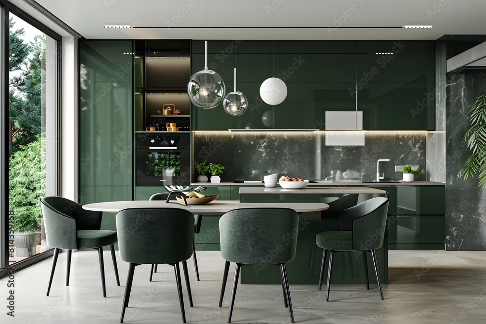 Modern interior design of minimalist green kitchen with island, dining ...