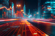 A vivid illustration of data and light trails streaming through a futuristic cityscape, highlighting connectivity and digital infrastructure.