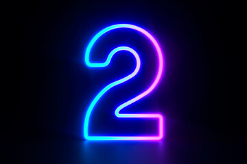 Neon number two on dark background. 3D illustration