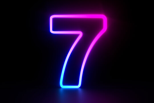 Neon number seven on dark background. 3D illustration