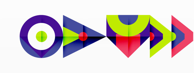 Poster - A vibrant logo featuring triangles and circles in electric blue and magenta colors, with arrows pointing in various directions. The design represents symmetry, pattern, and modern art
