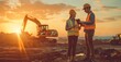 © HanThar Fusion - Construction engineers standing in front of a construction site at sunset with excavators working in the background