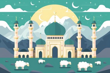 Wall Mural - Eid Al Adha Banner Design Vector Illustration. Islamic and Arabic Background for Muslim Community Festival. Moslem Holiday. 3D Modern Islamic  suitable for Ramadan, Raya Hari, Eid al Adha and Mawlid.