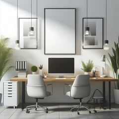 Wall Mural - A computer on a desk office work room with plants and a picture frame on the wall image realistic attractive used for printing.