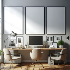 A desk with a computer and chairs in front of a wall with a picture frame image art art attractive.