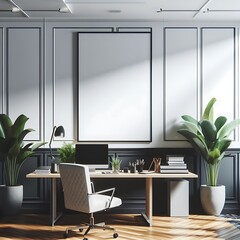 Wall Mural - A desk with a computer and plants in a room image art attractive card design.