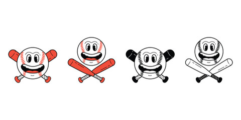 Wall Mural - baseball vector face smile icon cartoon logo character doodle ball baseball bat softball sport symbol illustration clip art design