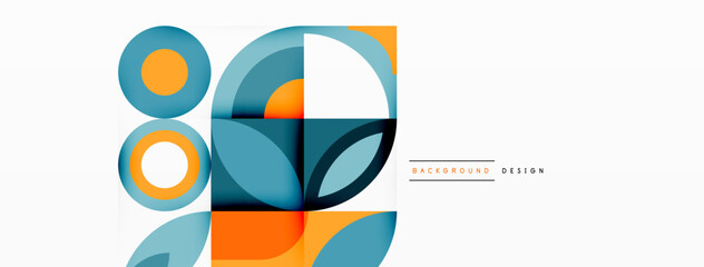 Poster - An electric blue geometric design featuring circles and squares arranged in a pattern of symmetry on a white background, resembling a modern painting