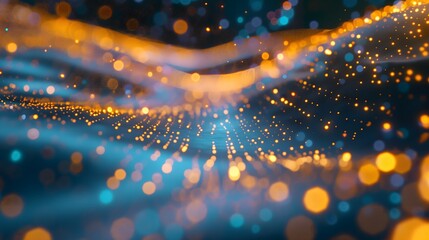 Poster - A blurry image of a wave with a lot of bright orange and blue lights. The image has a dreamy, ethereal quality as if it were a painting or a photograph. The colors are vibrant