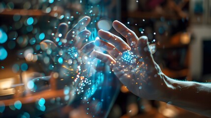 Poster - A hand is shown in a blurry reflection of itself, with a blue glow surrounding it. Concept of wonder and fascination, as if the viewer is witnessing something magical or otherworldly