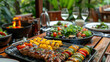 © kvladimirv - Gourmet Backyard Barbecue with Grilled Skewers and Fresh Salad on a Sunny Patio