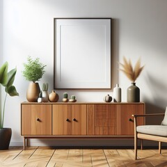 A Room with a template mockup poster empty white and with a cabinet and a chair and a picture frame art used for printing.