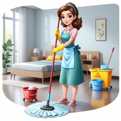 3D icon cute Young woman housewife cleaning the floor with a mop, people activity, daily routine cartoon style