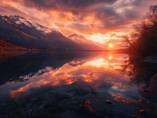 Poster - Magnificent Sunset Over a Mountainous Lake, Featuring Rich Orange and Purple Sky Hues with Reflective Water and Snow-Capped Peaks, Embodied in a Minimalist Landscape Background, Ideal for Travel Photo