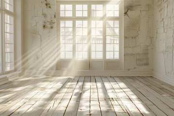 Poster - Vintage Interior Space with Natural Light Beaming Through Windows Over a Rustic Wooden Flooring, Featuring White Walled Room with Cracked Paint Texture in a Cozy Background, Ideal for Home Decoration 