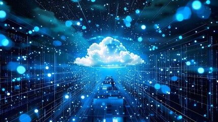 Poster - a blue sky with a cloud and a person in the middle of it. the sky is filled with many small dots, gi
