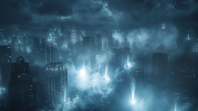 Searchlight smoke background visualizing a futuristic cityscape