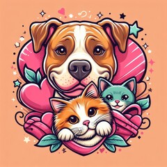 Wall Mural - A dog and cat with hearts and hearts image art photo harmony used for printing illustrator.