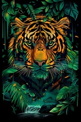  Majestic Tiger Prowling Through Lush Jungle Landscape with Vibrant Foliage and Cascading Waterfalls