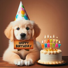 Wall Mural - A dog wearing birthday cards hat and holding a sign with lit candles image realistic harmony used for printing card design illustrator.