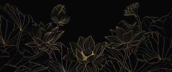 Wall Mural - luxury lotus flower background vector. elegant gold lotus flower, leaf line art on black background.