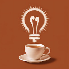 A Close-up of a coffee cup with a golden glow and steam rising that makes bulb shape inviting a positive start to the day