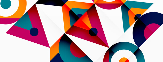 Poster - An artistic closeup of a colorful geometric pattern with circles and triangles in magenta and electric blue on a white background, showcasing symmetry and creative use of tints and shades