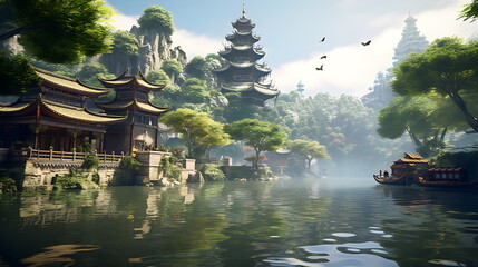 A scenic cherry blossom garden with a pagoda by sea with mountains silhouet, generative ai