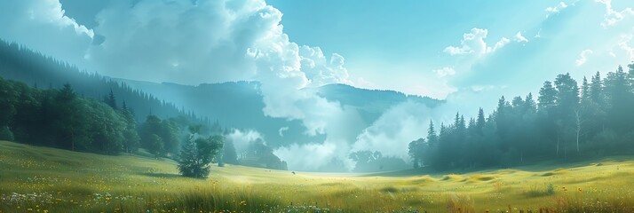 mountain meadow in morning light, countryside springtime landscape with valley in fog behind the forest on the grassy hill, fluffy clouds on a bright blue sky, nature freshness concept