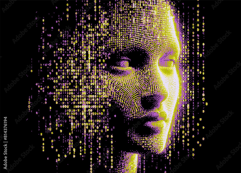 3D human head and binary code on a dark background in pixel art style ...