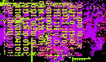 Poster - Abstract green and violet neon background with glitched binary code.